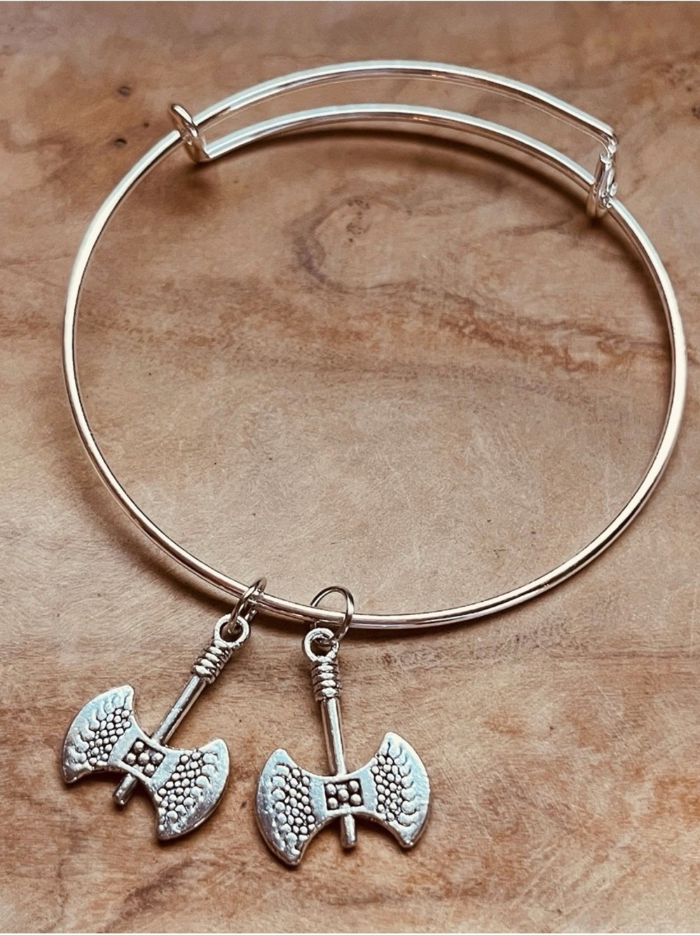 Silver Double Axe Charm Bangle Bracelet - Silver Tone - Warrior Bracelet